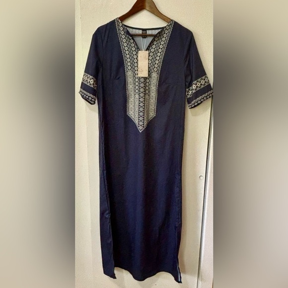 Emery Rose|NWT Blue/White Notch Neck Side Slits Summer Maxi Dress Sz M Brand NEW - Picture 4 of 5